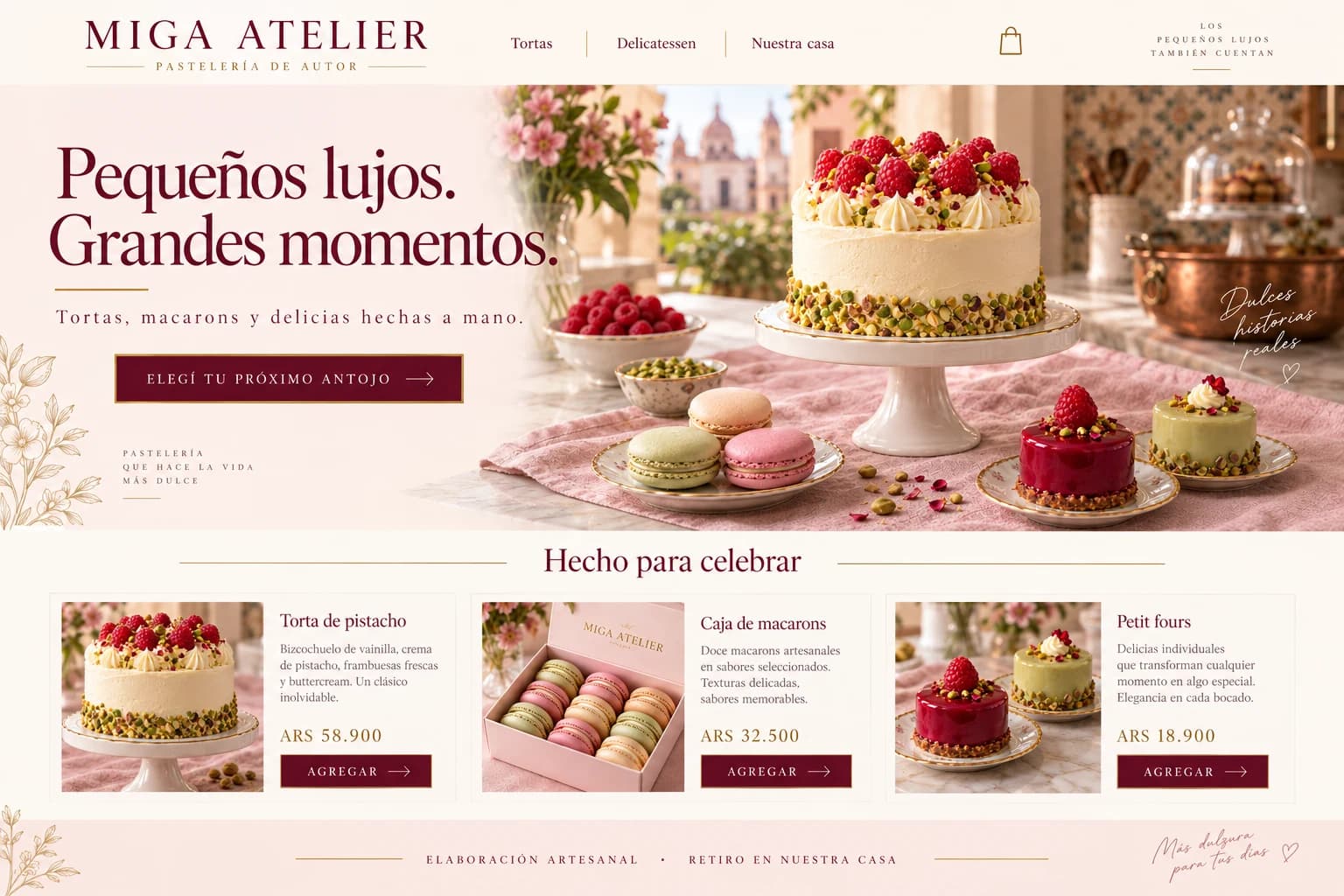 Diseño de ecommerce Miga Atelier: portada personalizada, catálogo de productos y carrito