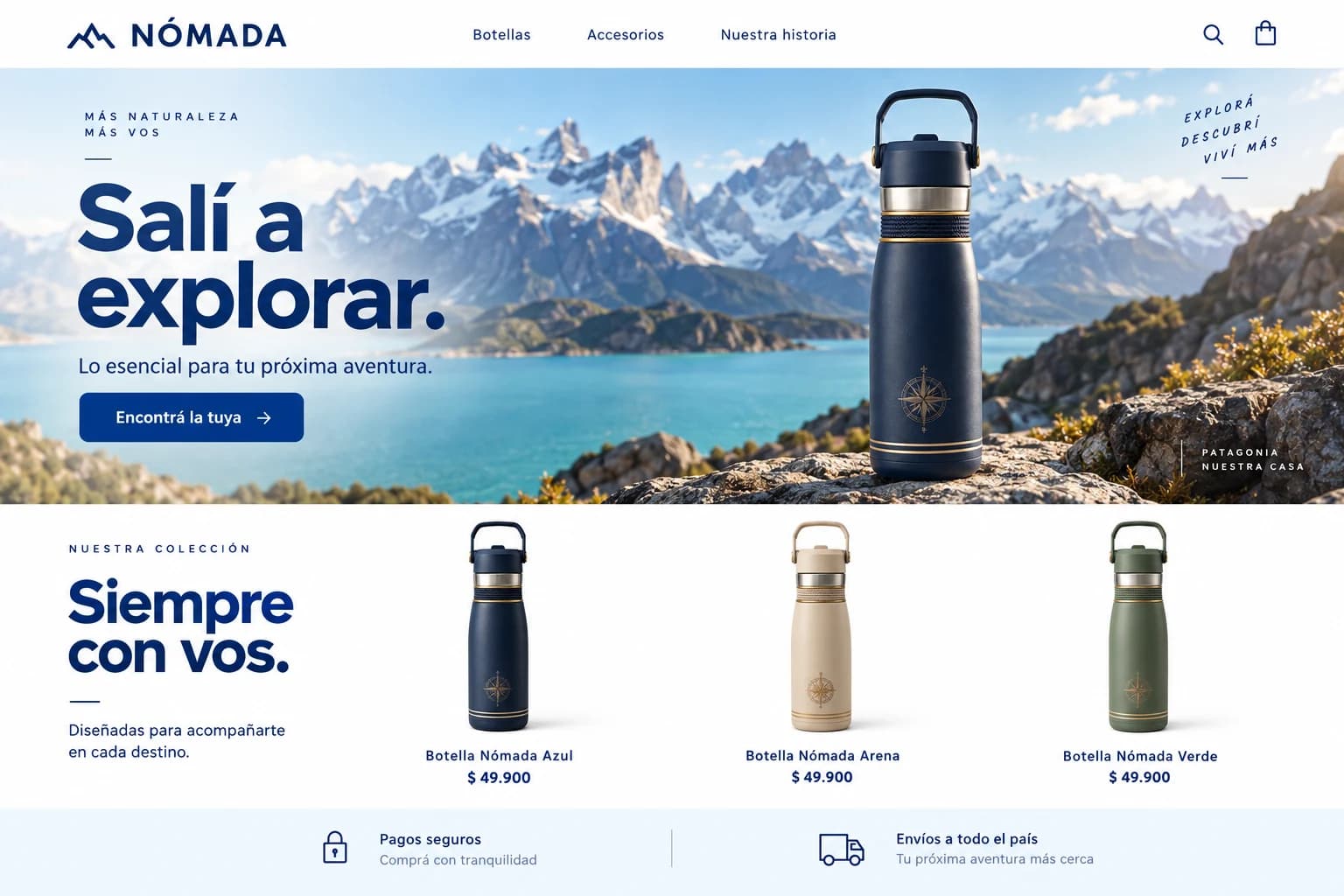Diseño de ecommerce Nómada: portada personalizada, catálogo de productos y carrito