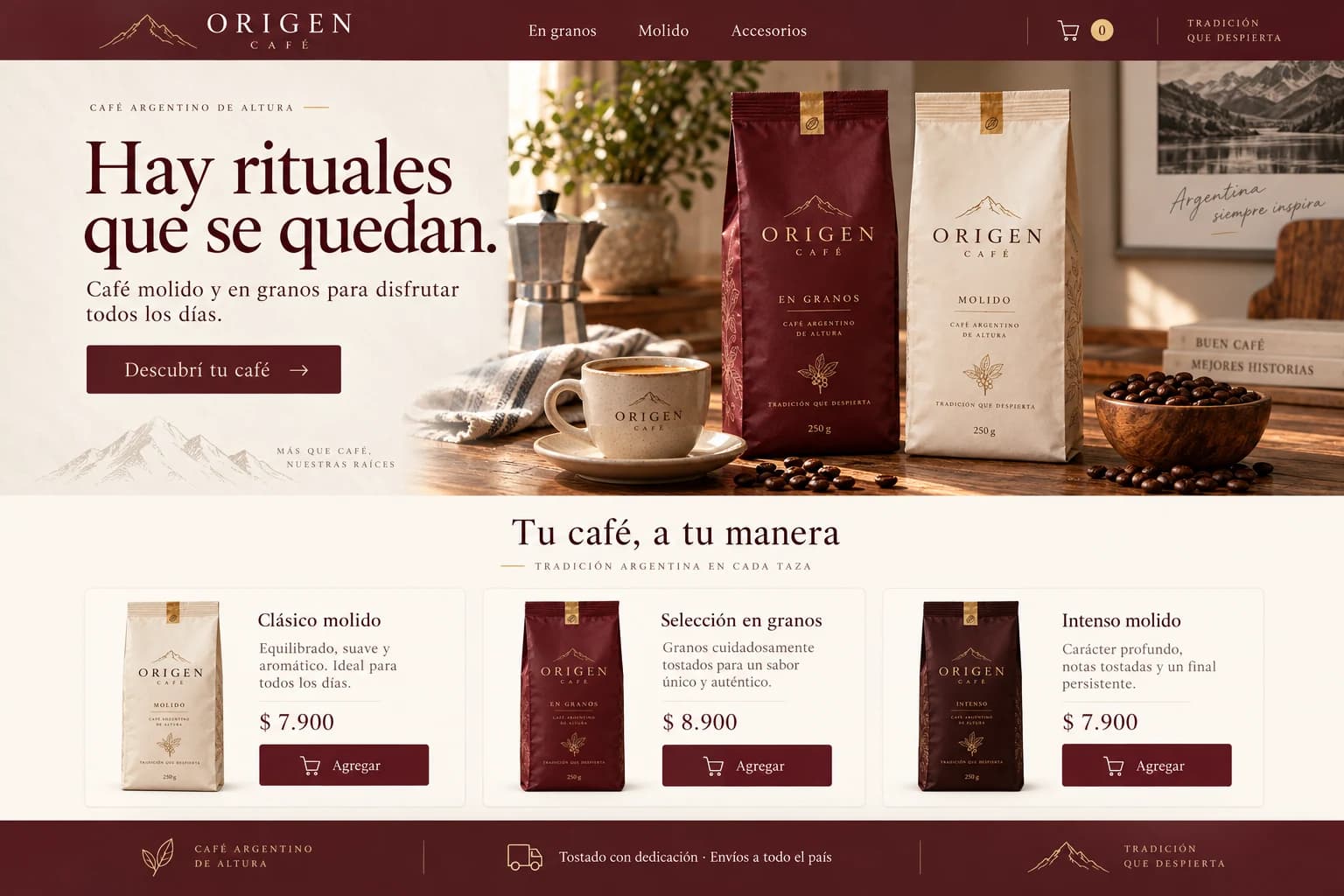 Diseño de ecommerce Origen Café: portada personalizada, catálogo de productos y carrito