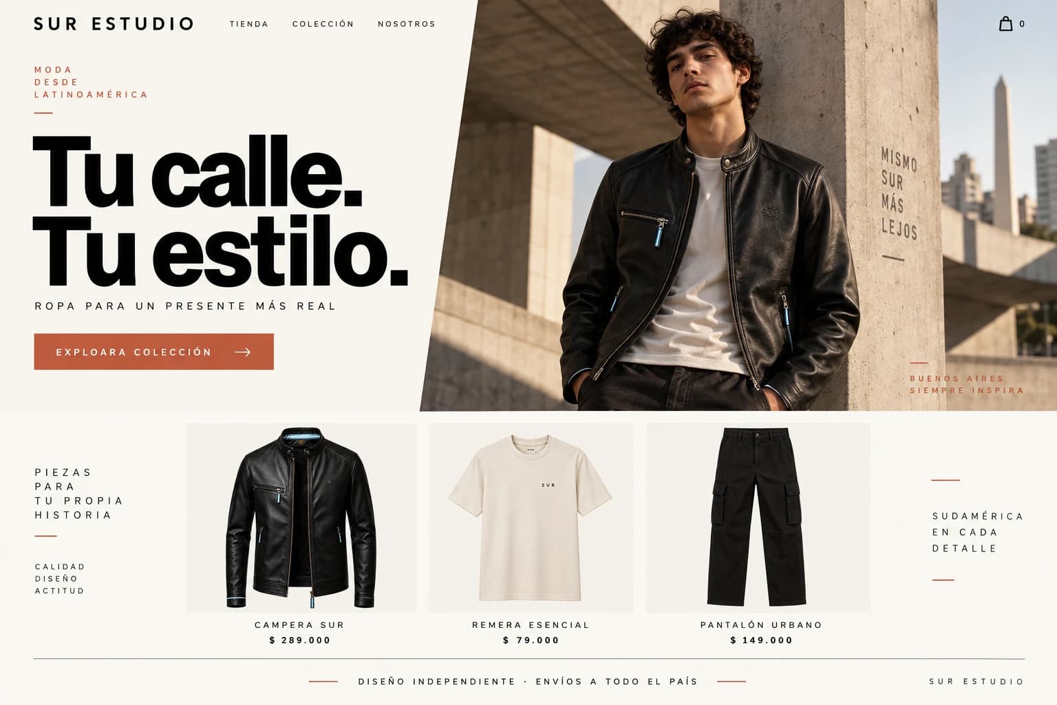 Diseño de ecommerce Sur Estudio: portada personalizada, catálogo de productos y carrito