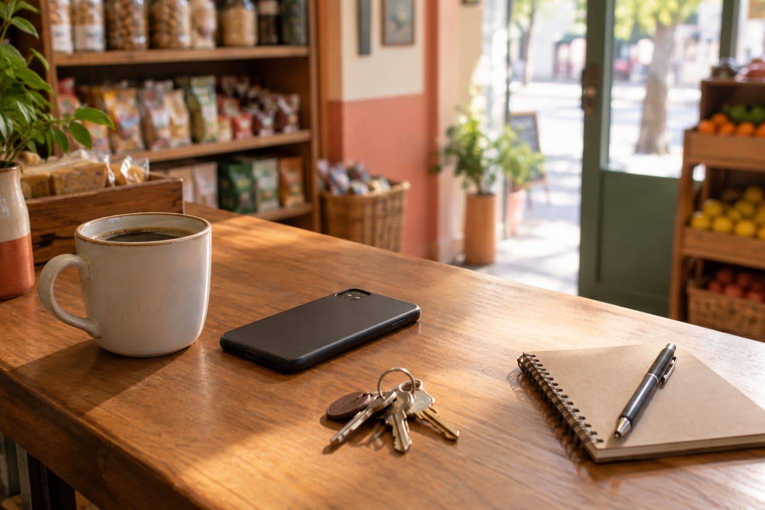 Un celular, un manojo de llaves, una taza de café y una libreta sobre el mostrador de un local a primera hora