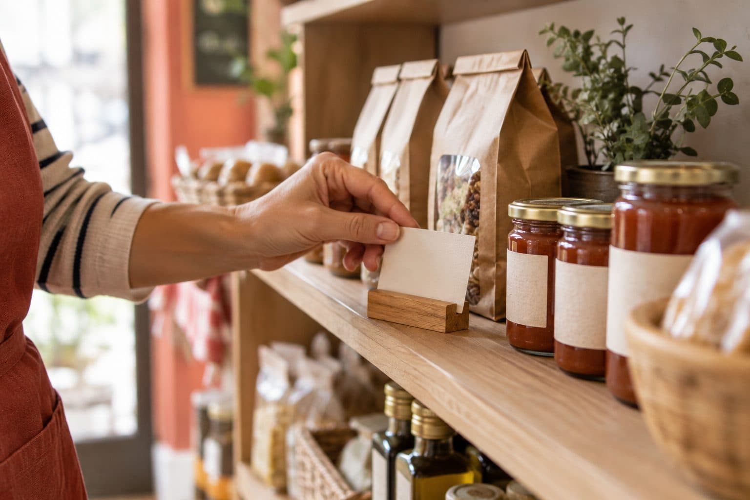Una mano cambia una tarjeta de precio en blanco frente a frascos y paquetes en un estante
