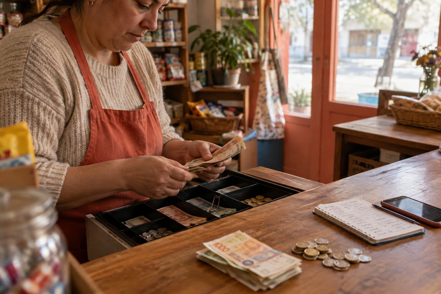Manos cuentan billetes y monedas junto a una caja de dinero abierta, una libreta y un celular sobre el mostrador