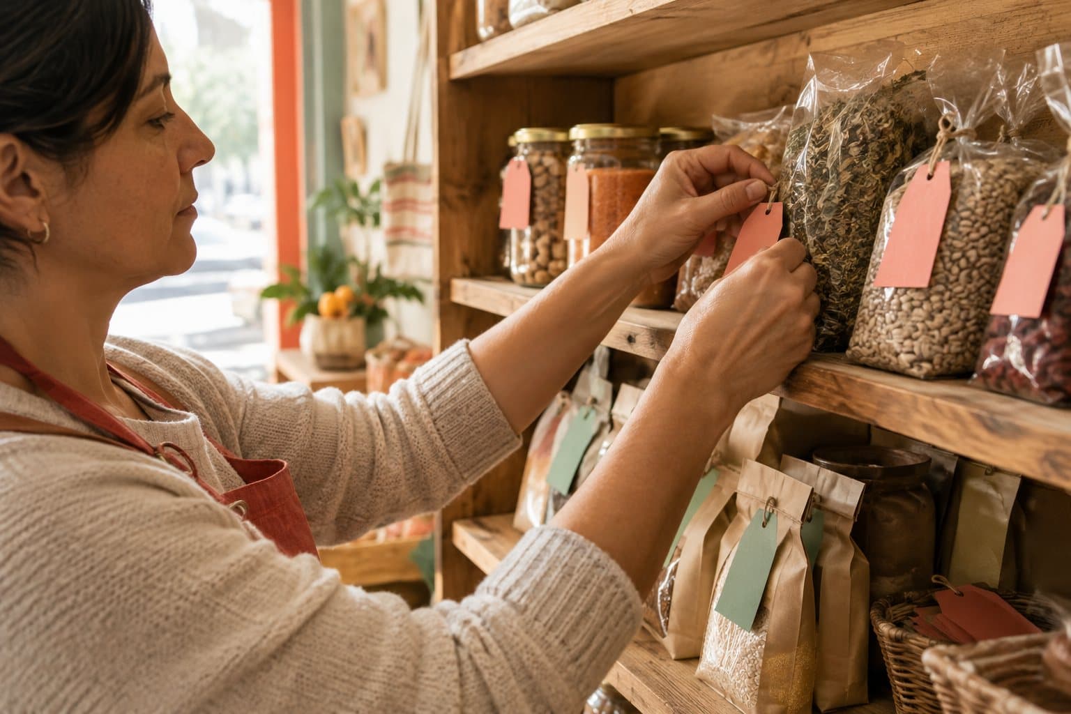 Las manos de una comerciante cuelgan etiquetas de colores en blanco de bolsas y frascos para agruparlos en un estante de madera