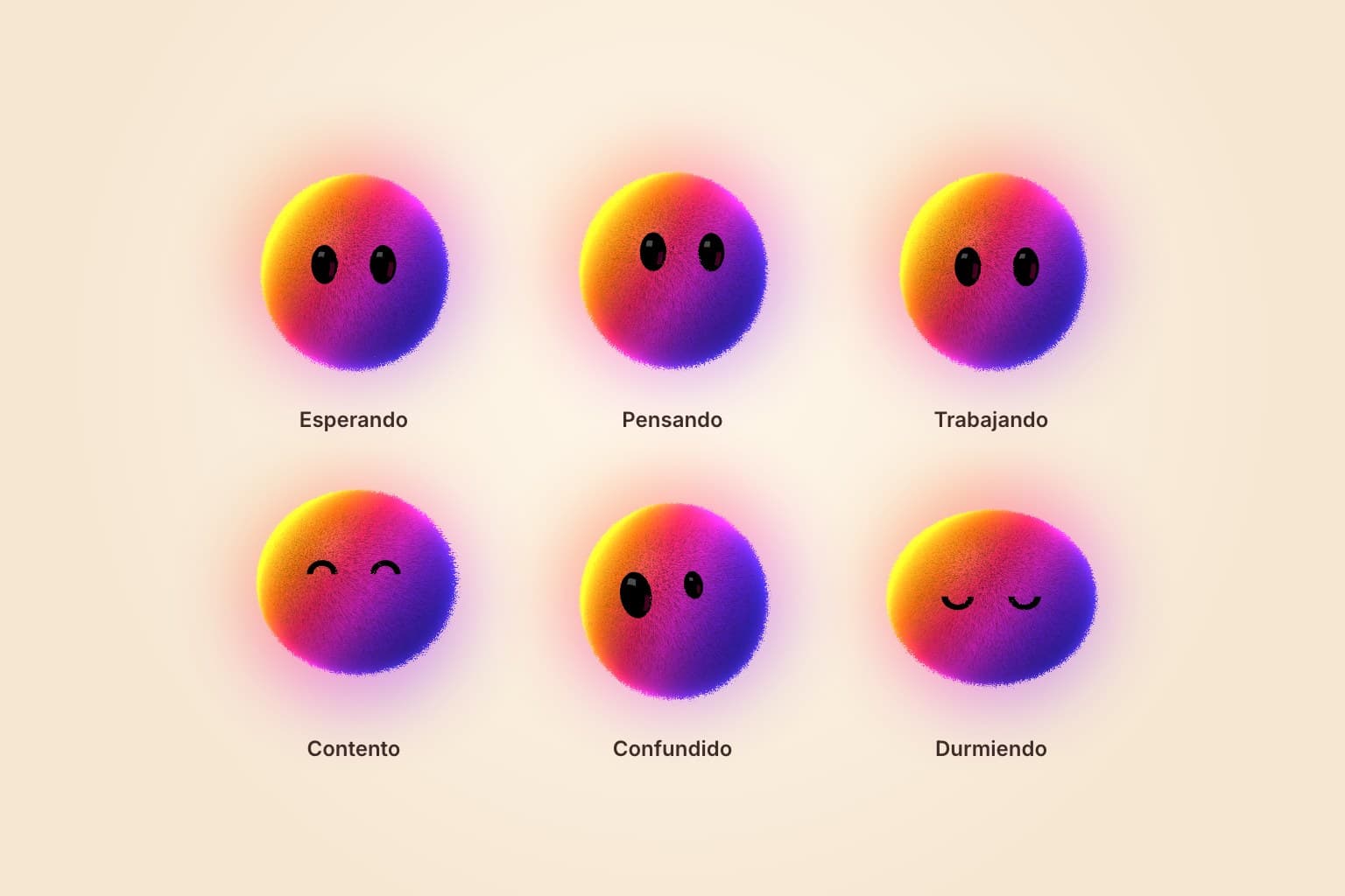 Seis versiones de Nico en una grilla: esperando, pensando, trabajando, contento, confundido y durmiendo, cada una con una expresión distinta en los ojos