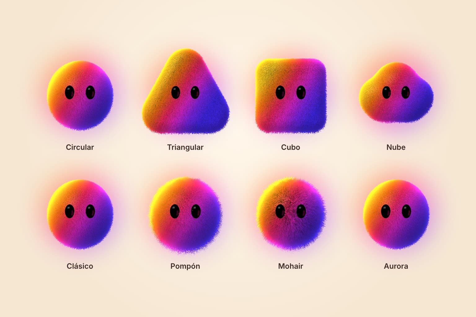 Ocho versiones de Nico: formas circular, triangular, cubo y nube, y pelajes clásico, pompón y mohair, con la paleta Aurora