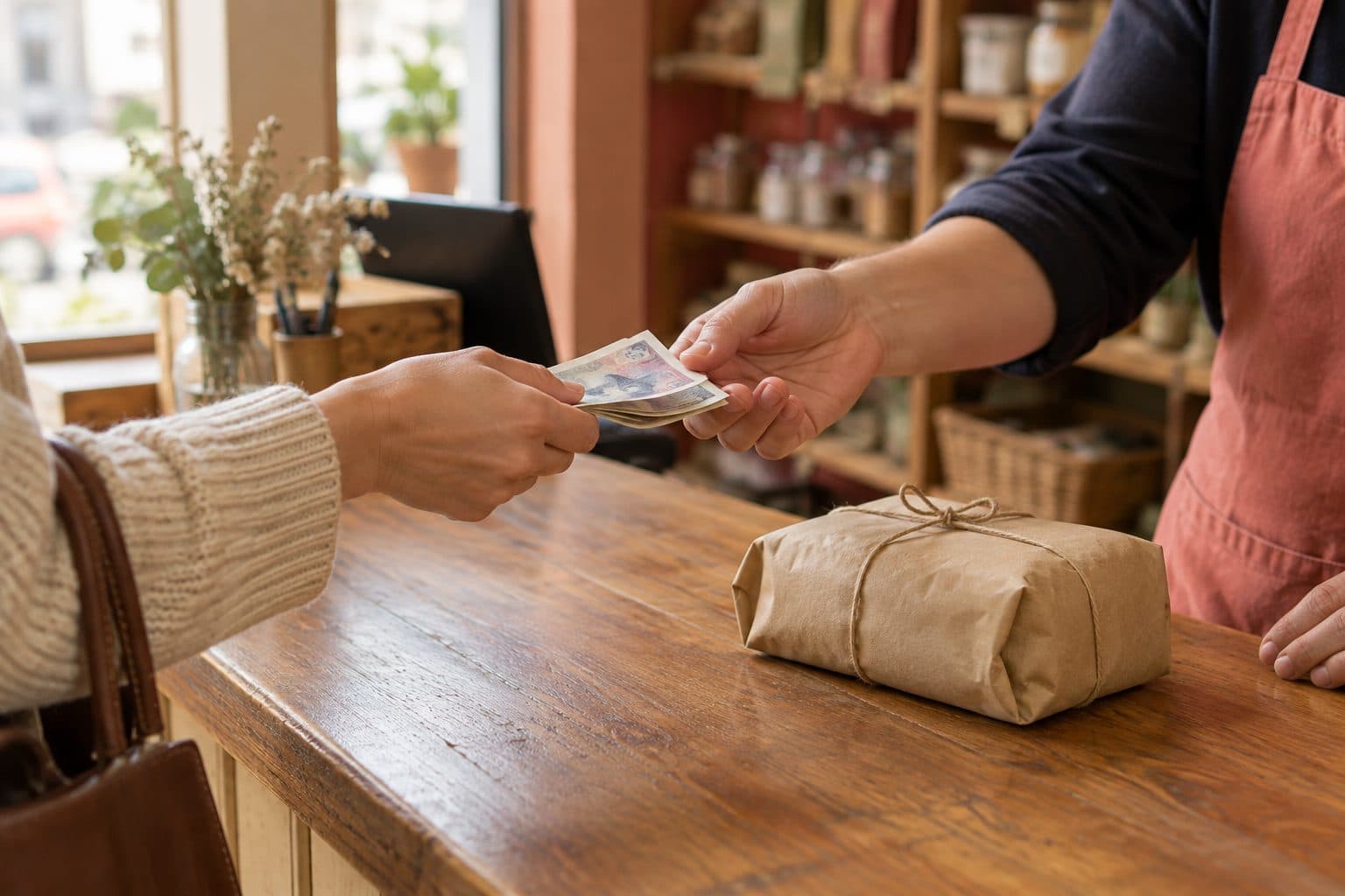 La mano de una clienta entrega billetes a un vendedor por encima del mostrador, junto a un paquete envuelto