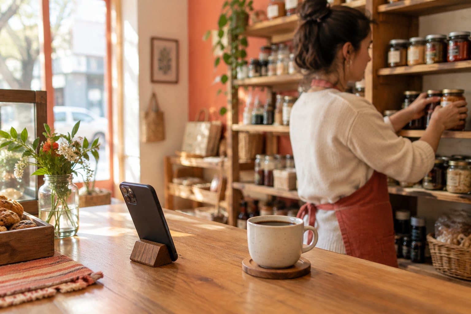 Un celular en un soporte de madera sobre el mostrador, junto a una taza de café, mientras una comerciante acomoda frascos al fondo
