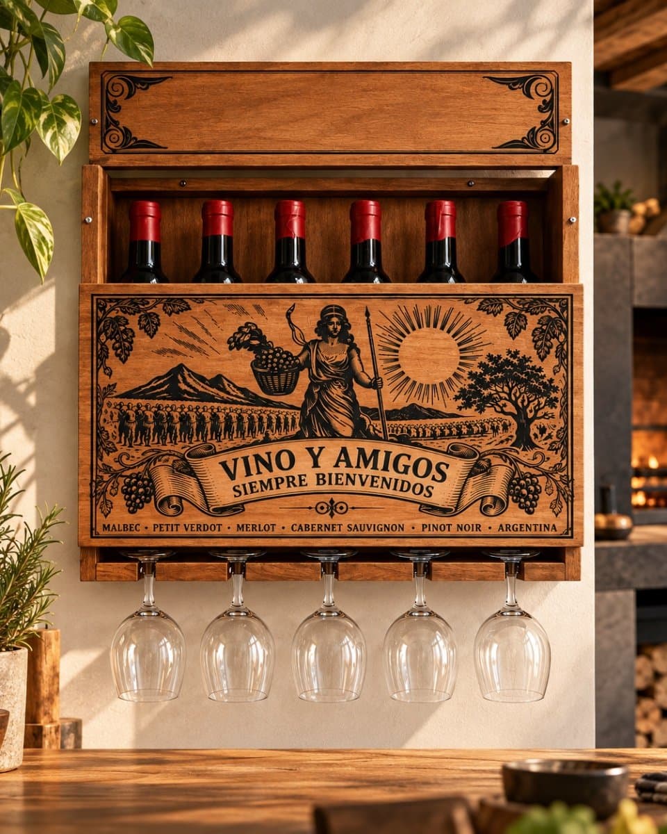 Bodega Copero de Pared PERSONALIZABLE – 6 Botellas + 5 Copas | Tapa Extraíble