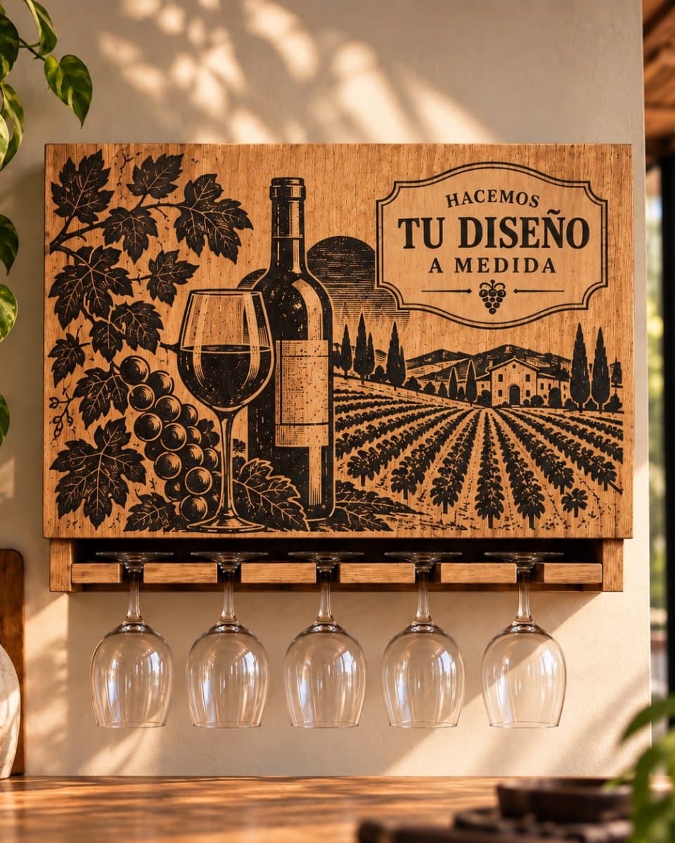 Bodega Copero de Pared PERSONALIZABLE – 6 Botellas + 5 Copas | Tapa de Apertura Suave