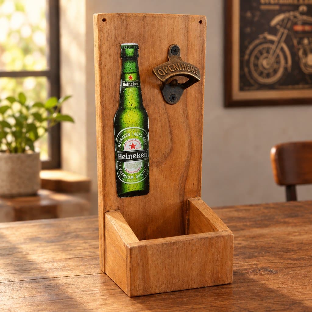 Destapador de cerveza de madera 30 cm con cajón recolector de chapitas