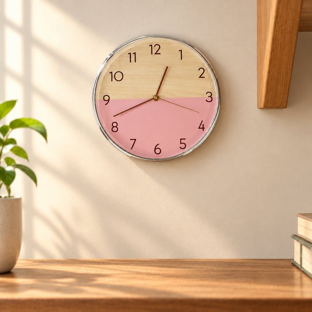 Reloj de pared con diseño símil madera y rosa pleno 30cm