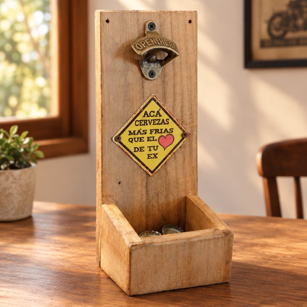 Destapador de cerveza con chapa decorativa y cajón de madera, 30 cm