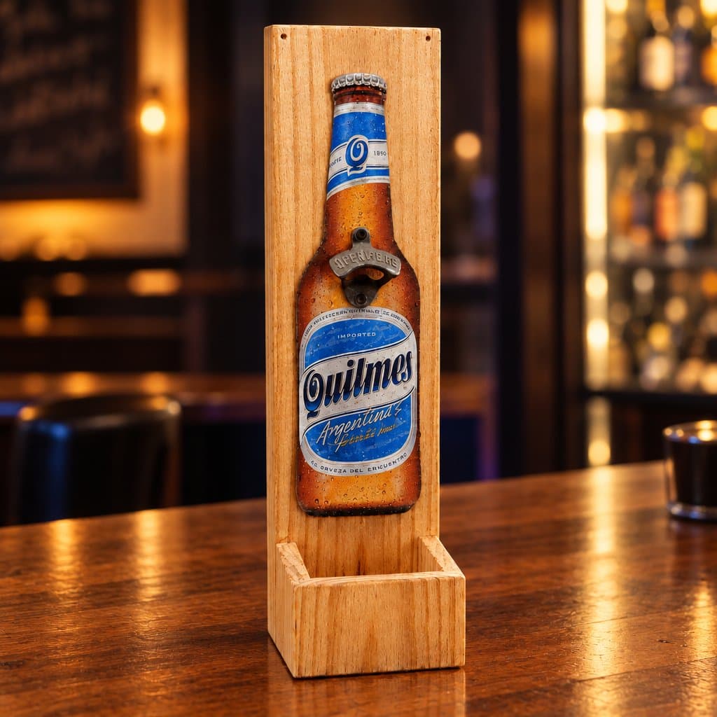 Destapador de cerveza de 50 cm con chapa decorativa y cajón de madera