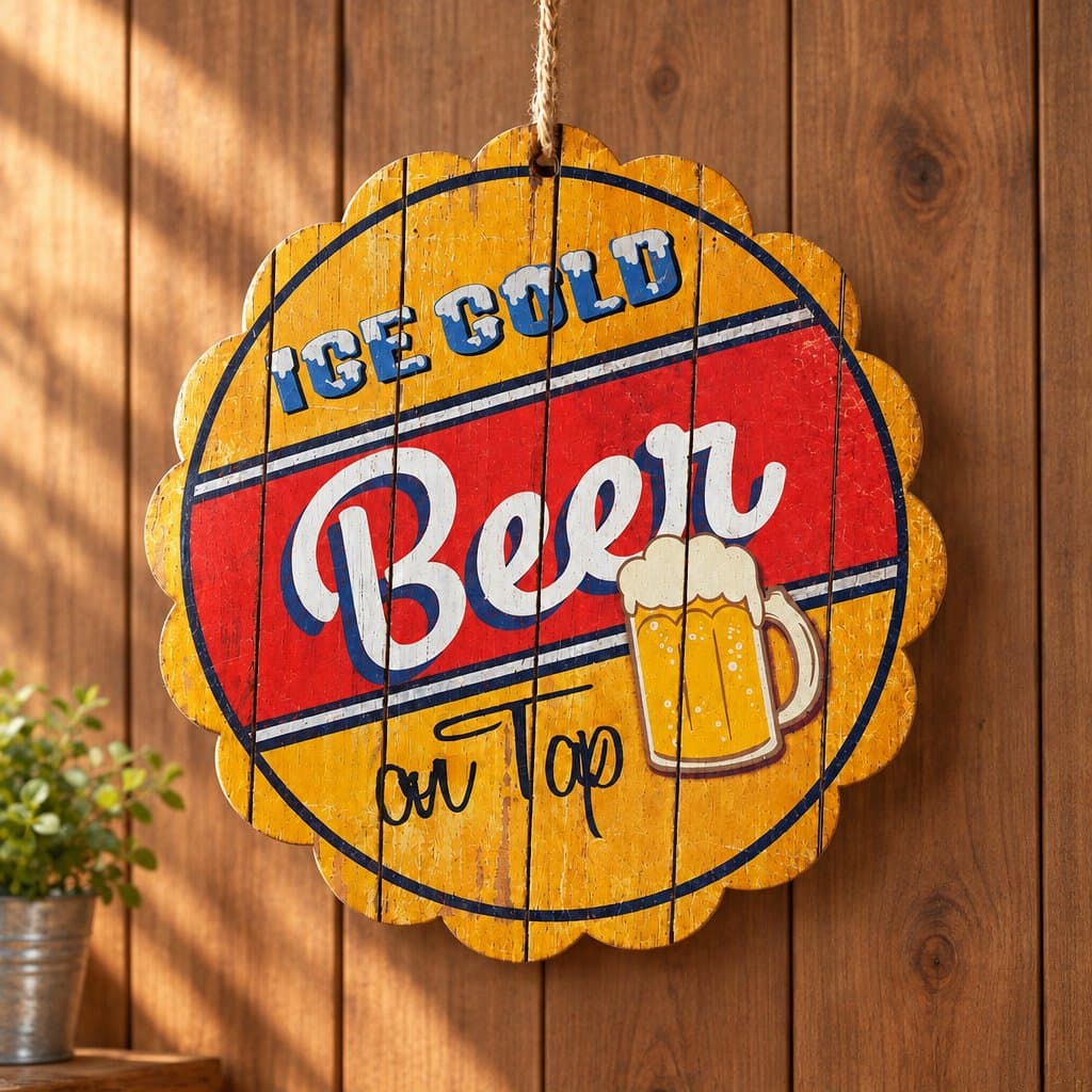 Cartel decorativo de chapa con relieve «Ice Cold Beer On Top» 30cm
