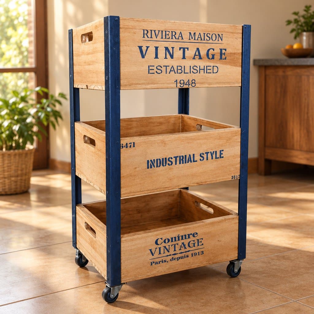 Cajonera de madera y hierro con 3 cajones y ruedas