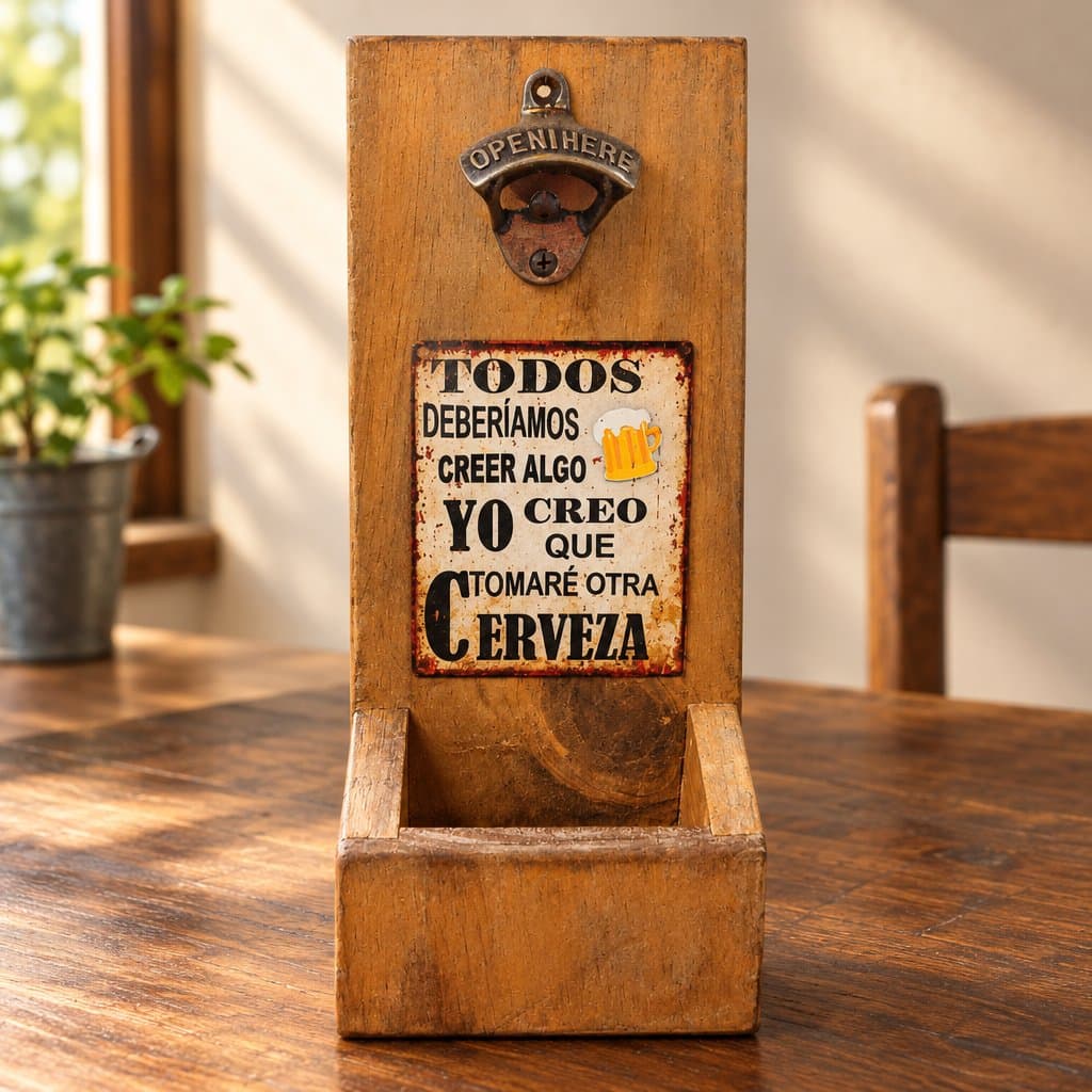 Destapador de cerveza de pared 30 cm con cajón recolector de chapitas