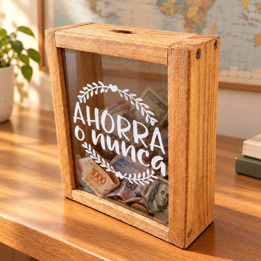 Alcancía chica de madera «Ahorra o nunca» 30x20x7cm