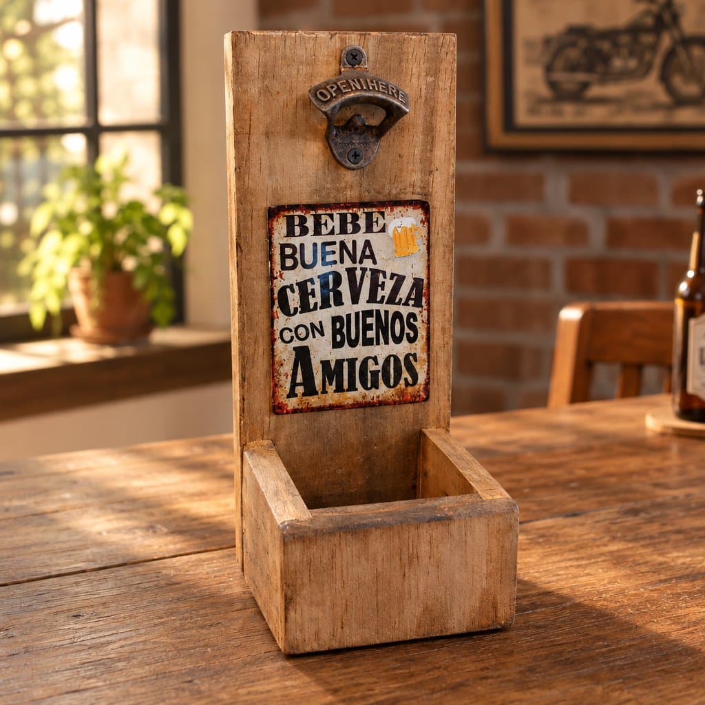 Destapador de cerveza 30 cm con chapa decorativa y cajón de madera