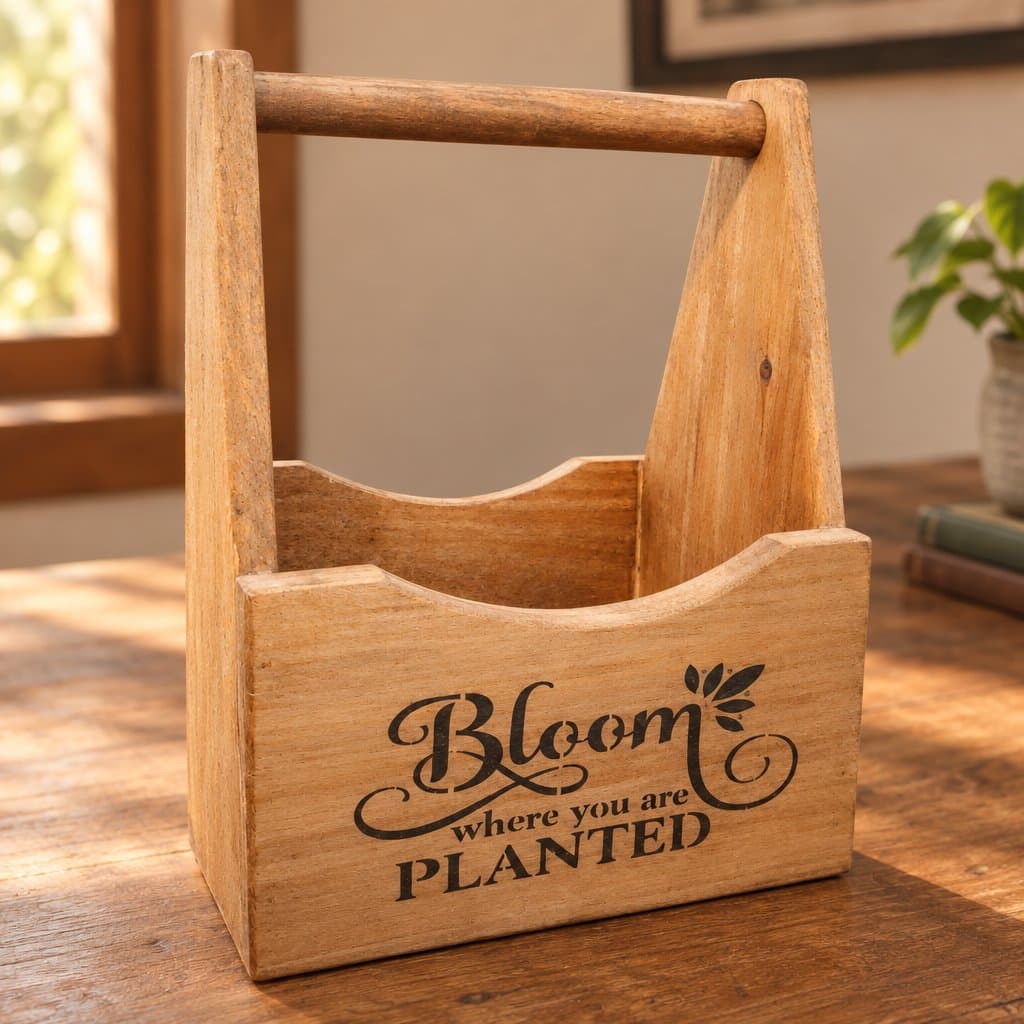 Portarrollo de madera con frase “Bloom Where You Are Planted”