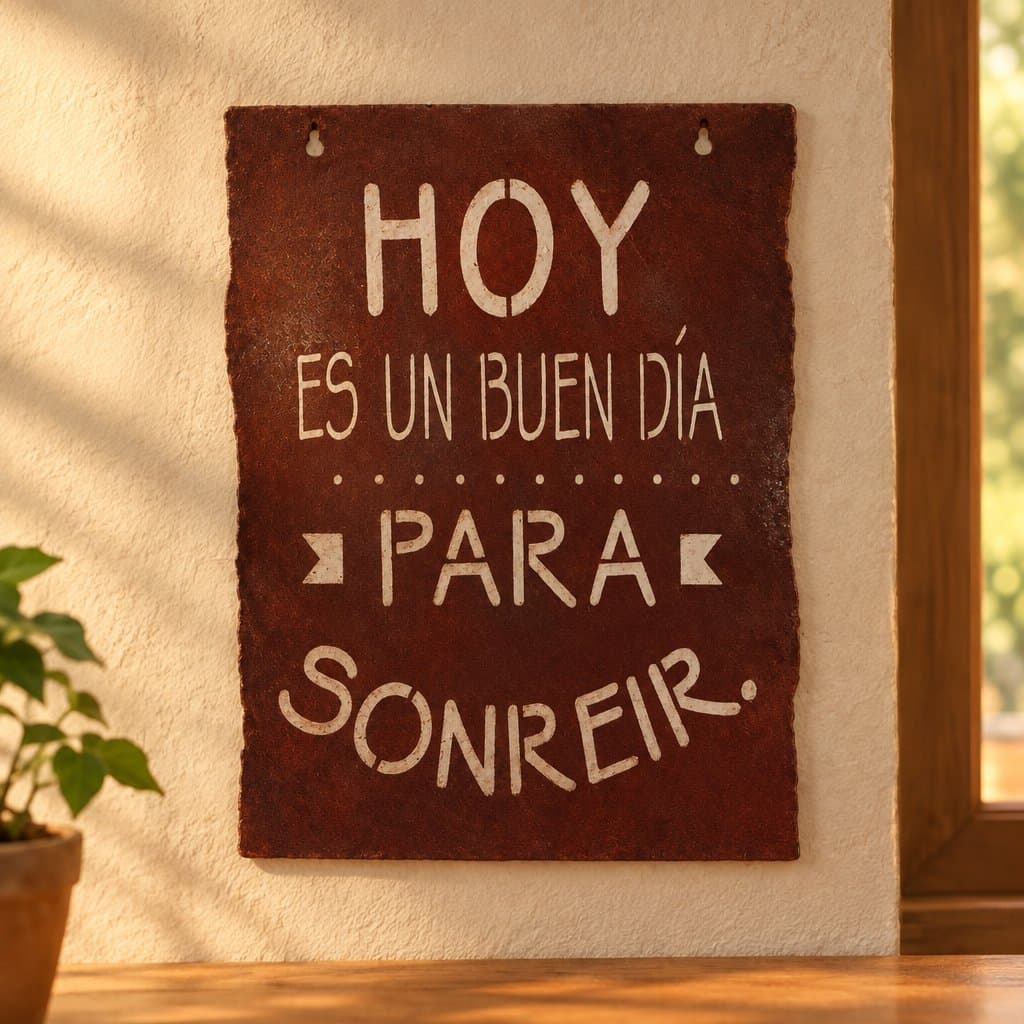 Chapa calada decorativa color óxido «Hoy es un buen día para sonreír»
