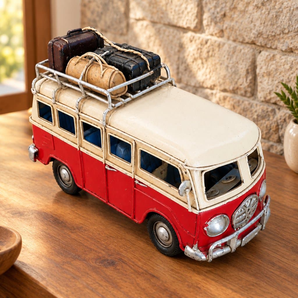 Miniatura coleccionable de chapa: van roja con equipaje