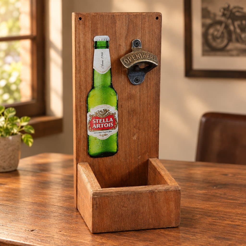 Destapador de cerveza de 30 cm con chapa decorativa y cajón de madera