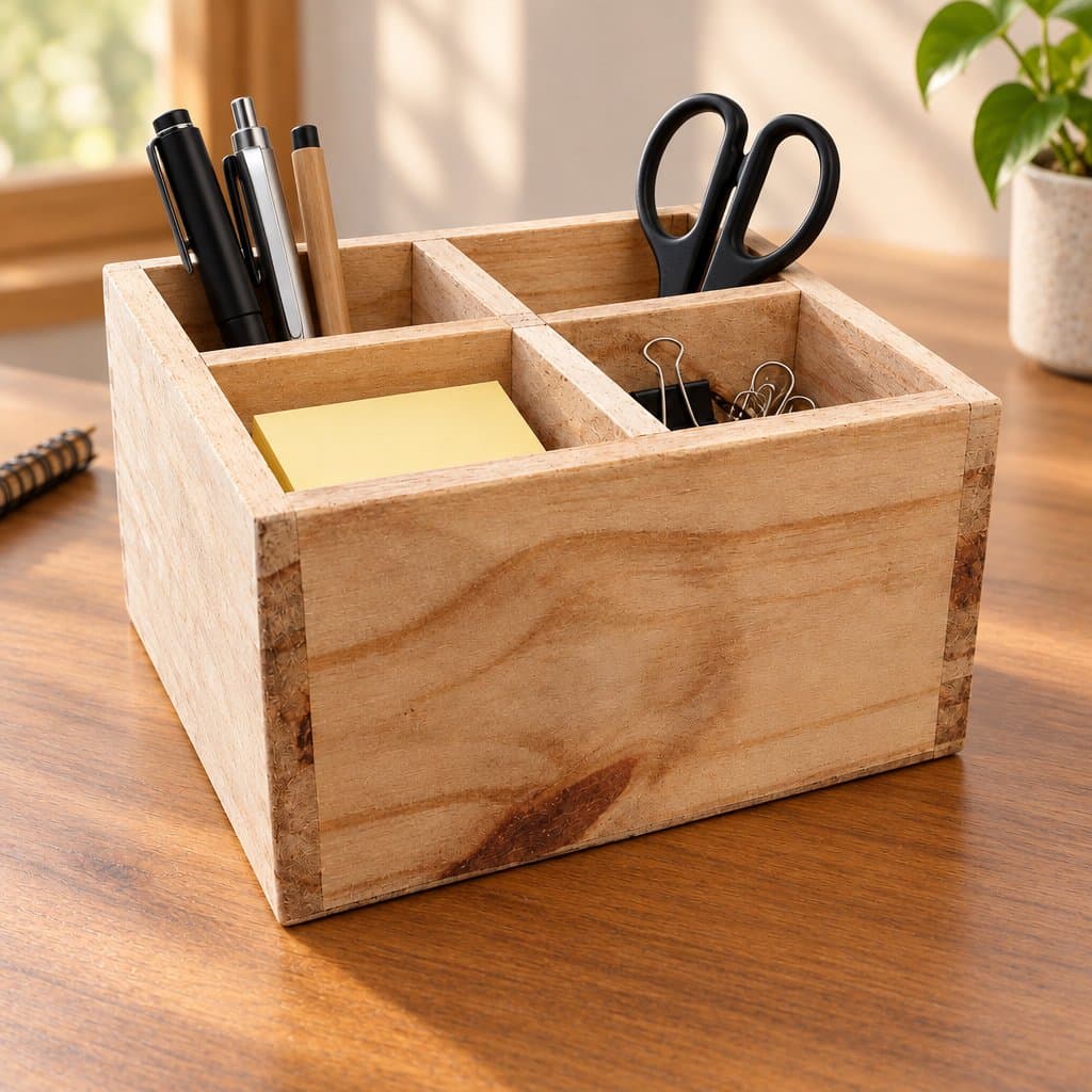 Cajón organizador de madera natural con 4 divisiones, 18 x 10 x 10 cm